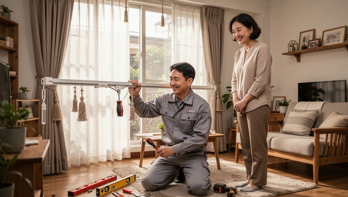 訂製窗簾店家怎麼選?10個指標讓你第一次就找對 A professional service technician in a neat uniform kneels in a cozy Taiwanese living room, carefully repairing a custom curtain track with tools, while a smiling homeowner watches approvingly amid warm natural light.