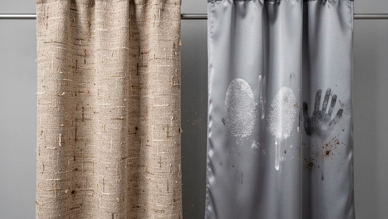 Close-up product photography of two curtain fabric samples side by side against a gray wall: left is earthy beige textured linen hiding dust specks, right is light gray glossy satin revealing fingerprints and smudges.