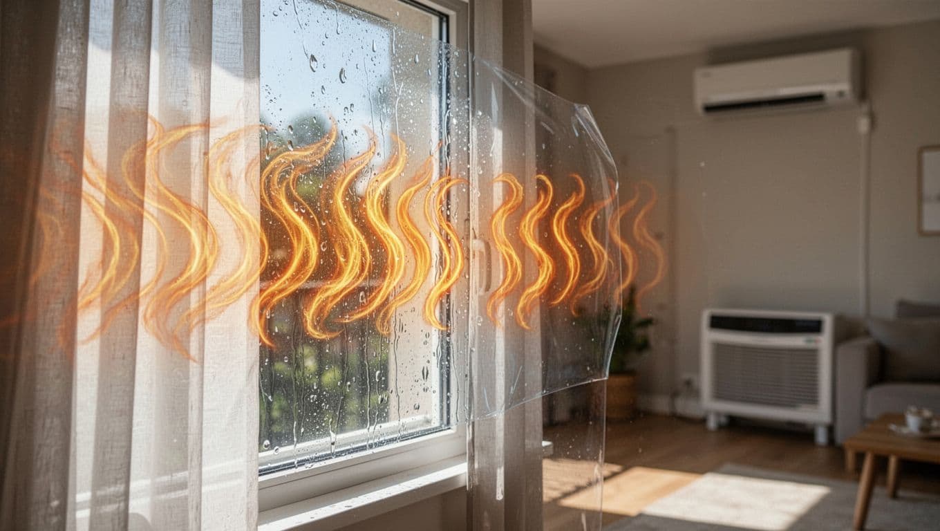 Close-up of a home window with thermal insulating film on glass and inner curtain, blocking visualized summer heat waves while keeping indoors cool and shaded, with blurred living room background.