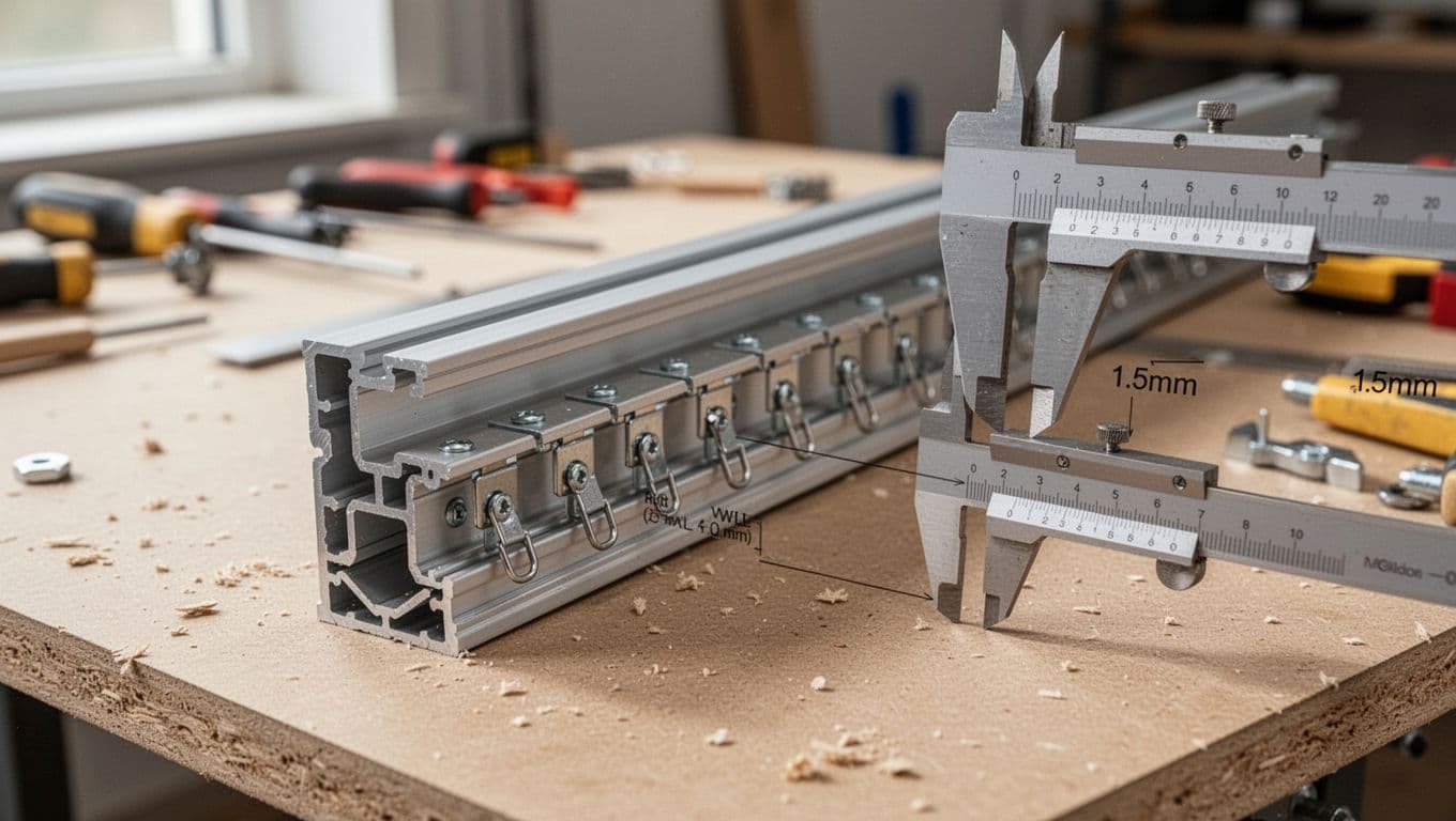 Detailed realistic photo of a thick sturdy aluminum curtain track cross-section showing robust wall thickness over 1.5mm, internal reinforcing ribs, multiple evenly spaced fixing points and hanging clips, placed on a workbench with caliper measuring thickness, natural daylight indoor setting.