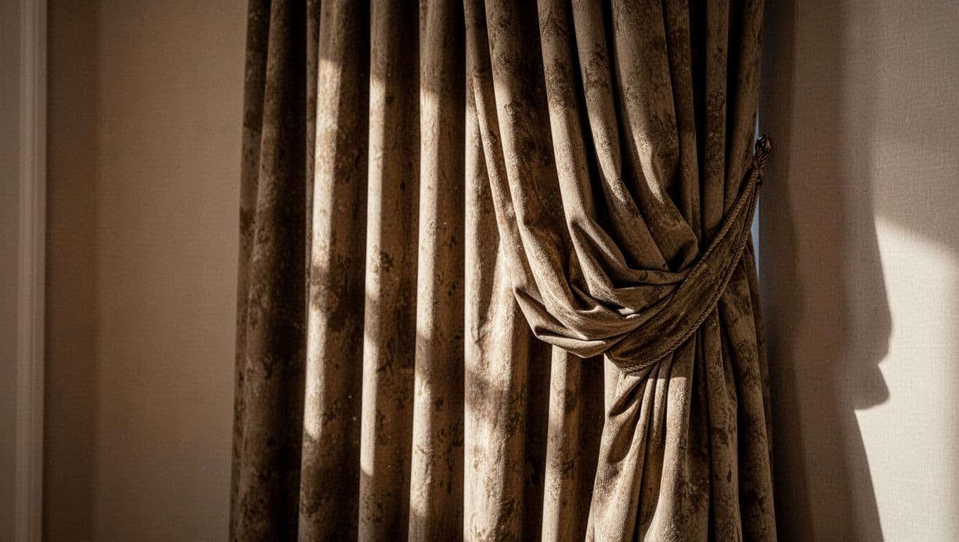 訂製窗簾想簡約?避開俗氣褶子的實用訣竅 Realistic close-up side view of thick, heavily pleated curtains with deep folds and dramatic shadows, resembling bulky stage drapes in soft indoor lighting against a neutral wall.