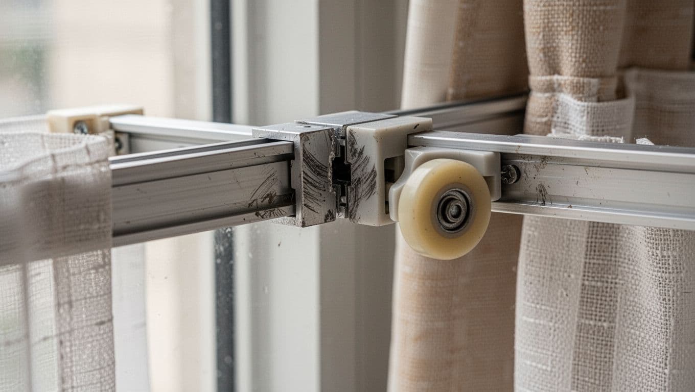 Detailed close-up of a thin aluminum curtain track joint showing uneven seams with gaps, thin walls causing resonance, hard plastic pulley friction marks producing noise, in an indoor environment with soft lighting and partial curtain background.