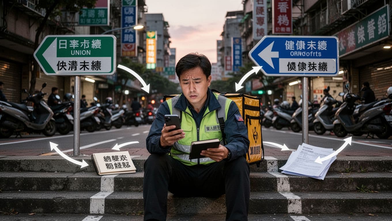 打零工族加入工會最常卡關:資格認定與工作證明 Realistic landscape of a thoughtful Taiwanese delivery rider sitting on urban Taipei steps at dusk, holding a phone and considering symbolic paths to a union building, case records notebook, or district office, with a frustrated yet hopeful expression in soft evening light.