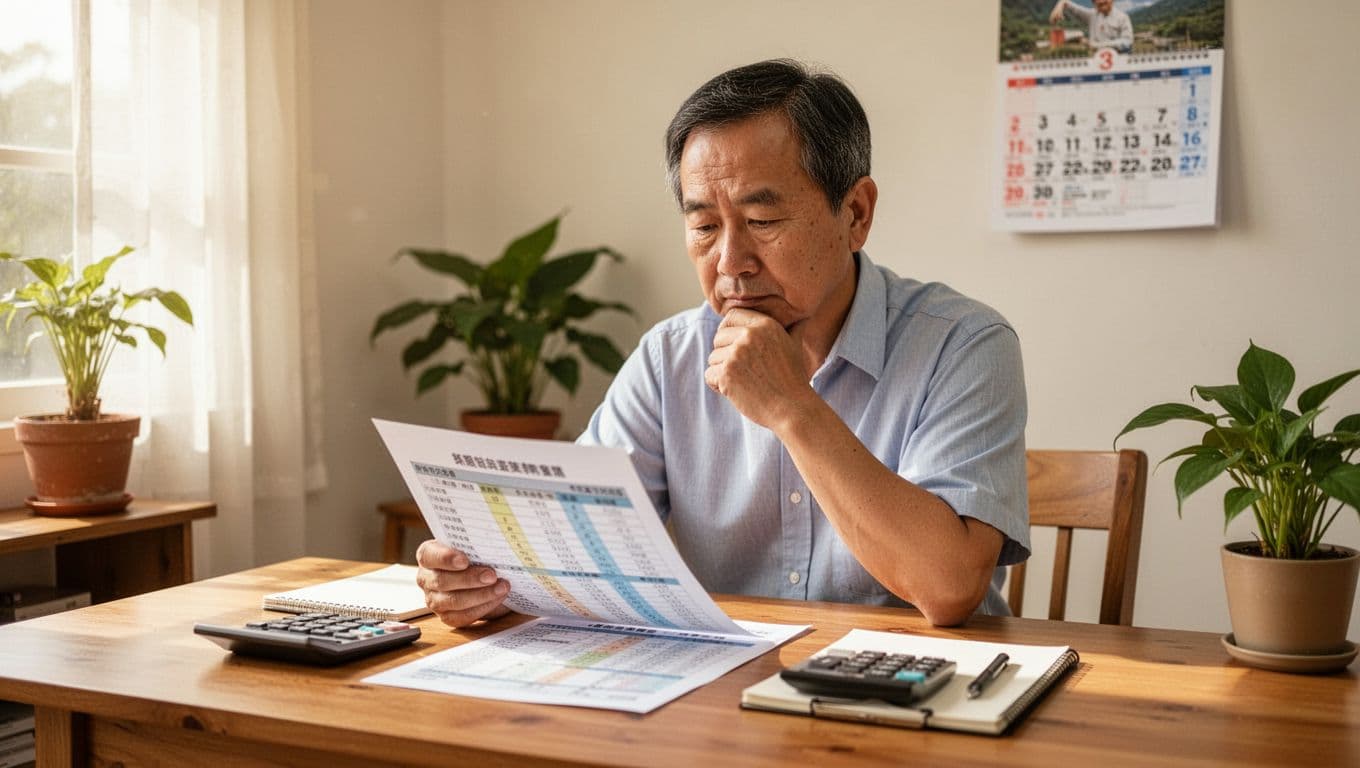 工會加保期間最容易忽略的10個小細節 In a bright Taiwanese home office during daytime, a middle-aged man with short hair sits at a wooden desk, thoughtfully examining a blurred salary grade chart for labor insurance premiums beside a calculator and notepad, hand on chin.