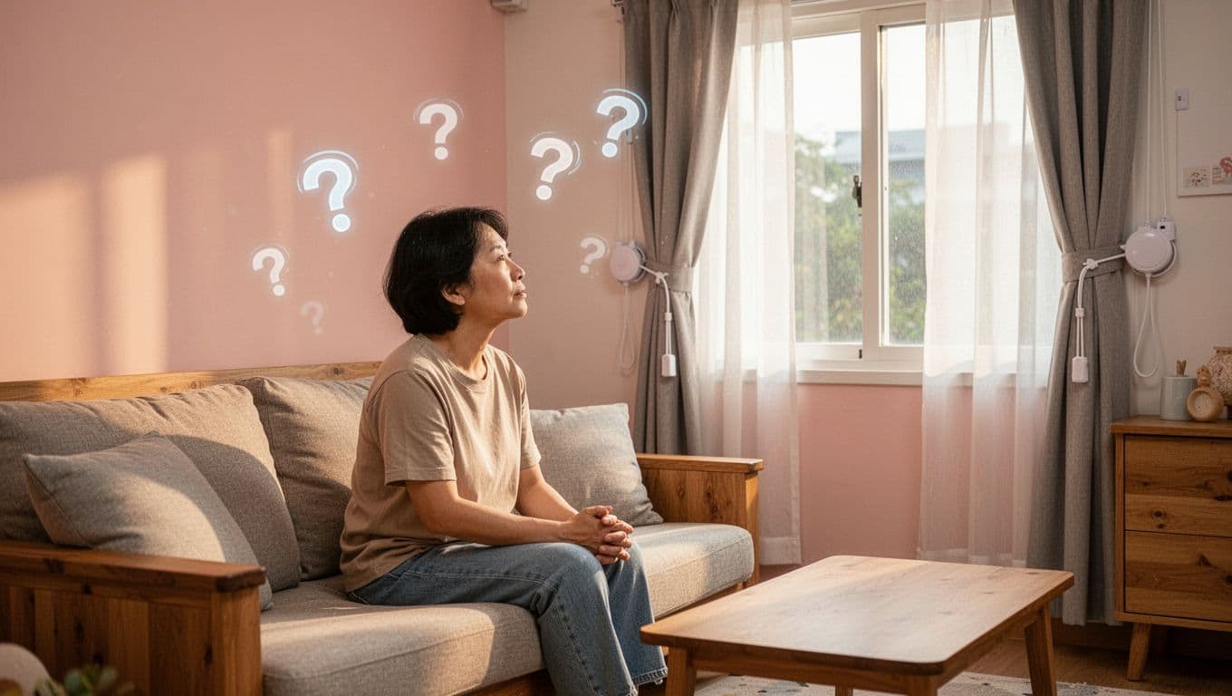 兒童安全窗簾配件會加價嗎?家長必懂真相 A thoughtful Taiwanese parent in casual home clothes sits on a cozy living room sofa, gazing at a window with modern curtains featuring subtle child safety accessories like wall tensioners and cord retractors. Soft afternoon sunlight filters through warm wooden furniture and pastel walls, with faint question mark icons floating to suggest pondering.