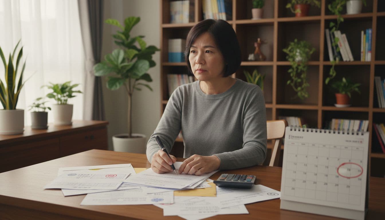 國民年金沒繳怎麼辦?對退休影響與補繳全指南 A thoughtful middle-aged Taiwanese person at a home desk cluttered with pension bills, calculator, and retirement calendar, holding a pen with serious expression. Cozy living room background with soft natural daylight.