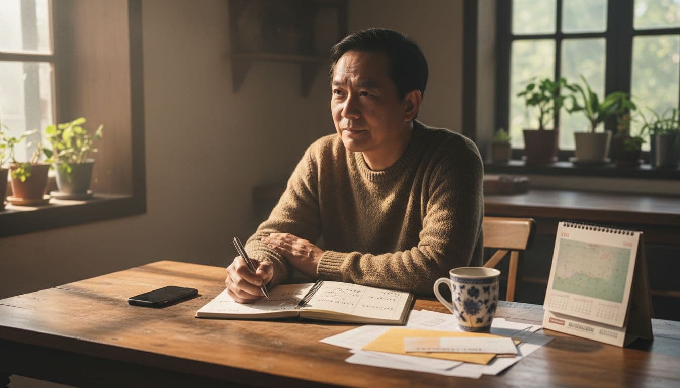 國民年金沒繳怎麼辦?對退休影響與補繳全指南 A middle-aged Taiwanese person sits thoughtfully at a wooden kitchen table surrounded by pension bills, calendars, and notepads listing life scenarios like job loss and retirement, holding a pen with a focused expression in soft morning light.