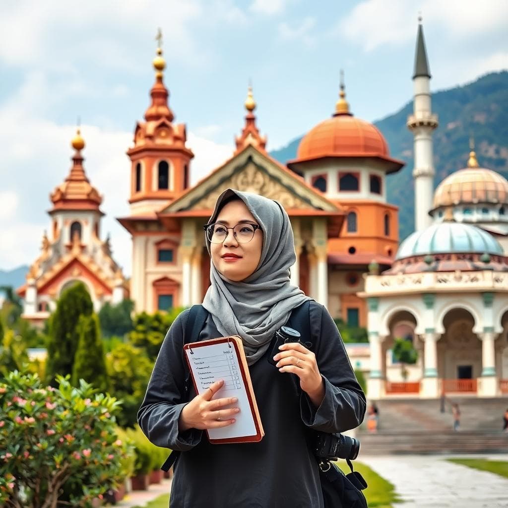 思考中的旅人與跨宗教景點,AI 生成圖,展現準備與尊重的心態