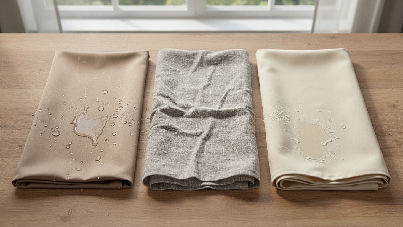 Photorealistic product photography of three curtain fabric samples on a light wooden table under natural daylight: smooth beige polyester drying quickly, textured gray cotton-linen with wrinkles, and thick cream blackout fabric showing durability.