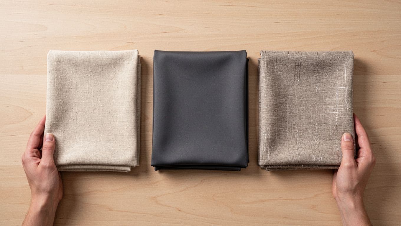 特殊窗型訂製窗簾會貴多少?轉角窗、弧形窗費用解析 Professional flat lay on light wooden table showing three curtain fabric swatches: beige natural cotton, deep gray blackout, and taupe smart fabric with metallic weave, partially visible hands holding edges, soft diffused lighting.