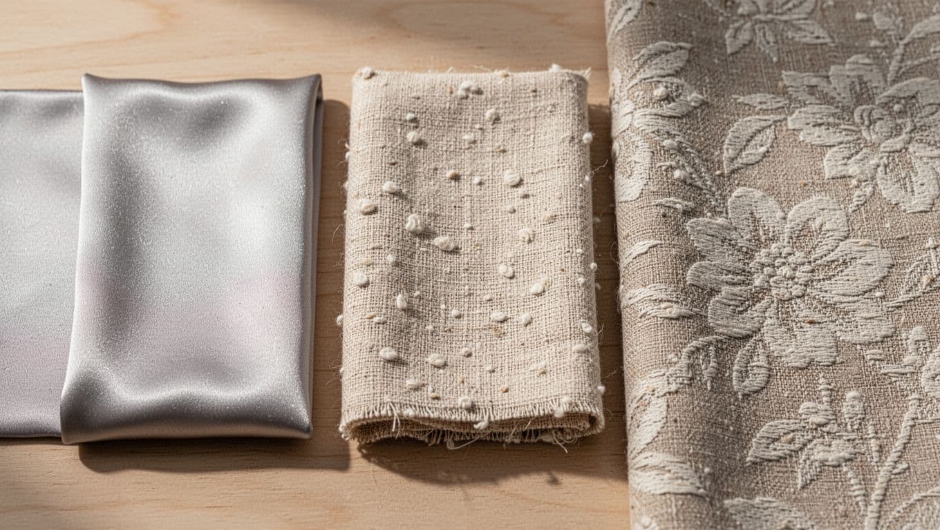 Top-down close-up view on a light wooden table of three curtain fabric swatches: smooth shiny polyester, natural cotton-linen blend with textured fibers, and jacquard floral weave. High macro detail on threads, sheen, and textures under soft diffused lighting.