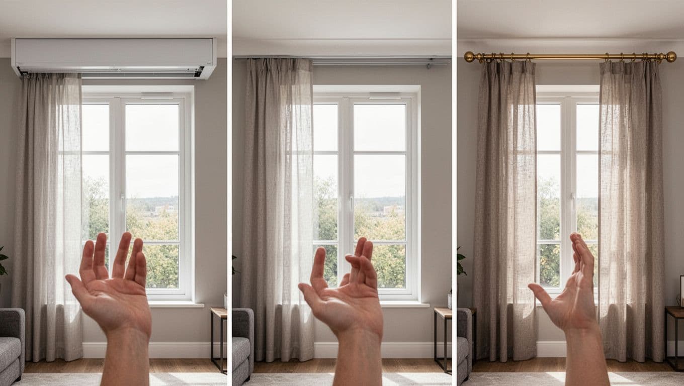 Close-up of a residential living room window displaying three side-by-side curtain setups: ceiling-hidden box, flush ceiling track, and exposed decorative rod, with white frames and soft natural light in a modern interior.