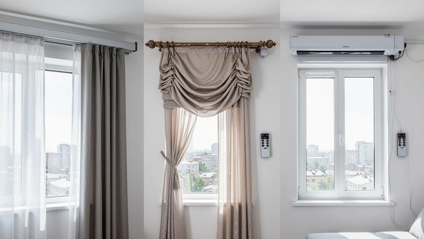 Realistic photo of three different curtain track systems side by side on a modern white wall near a large window: sleek hidden aluminum track, ornate Roman rod with draped fabric, and electric motorized track with remote.