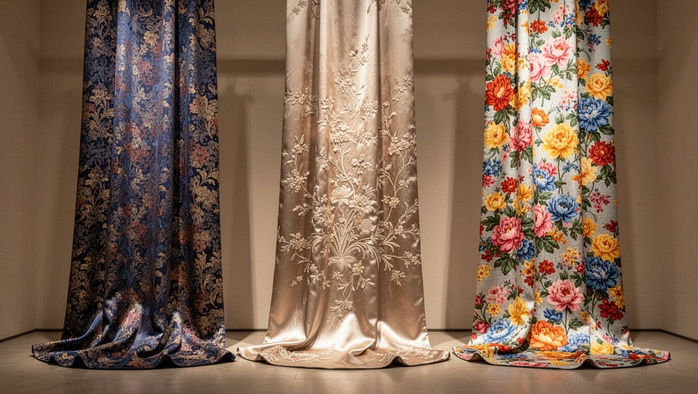 Elegant showroom display featuring exactly three hanging curtain fabric samples: European jacquard with luxurious drape, Taiwanese embroidered silk with soft sheen, and Chinese floral polyester with smooth flow, under warm lighting highlighting textures and colors.