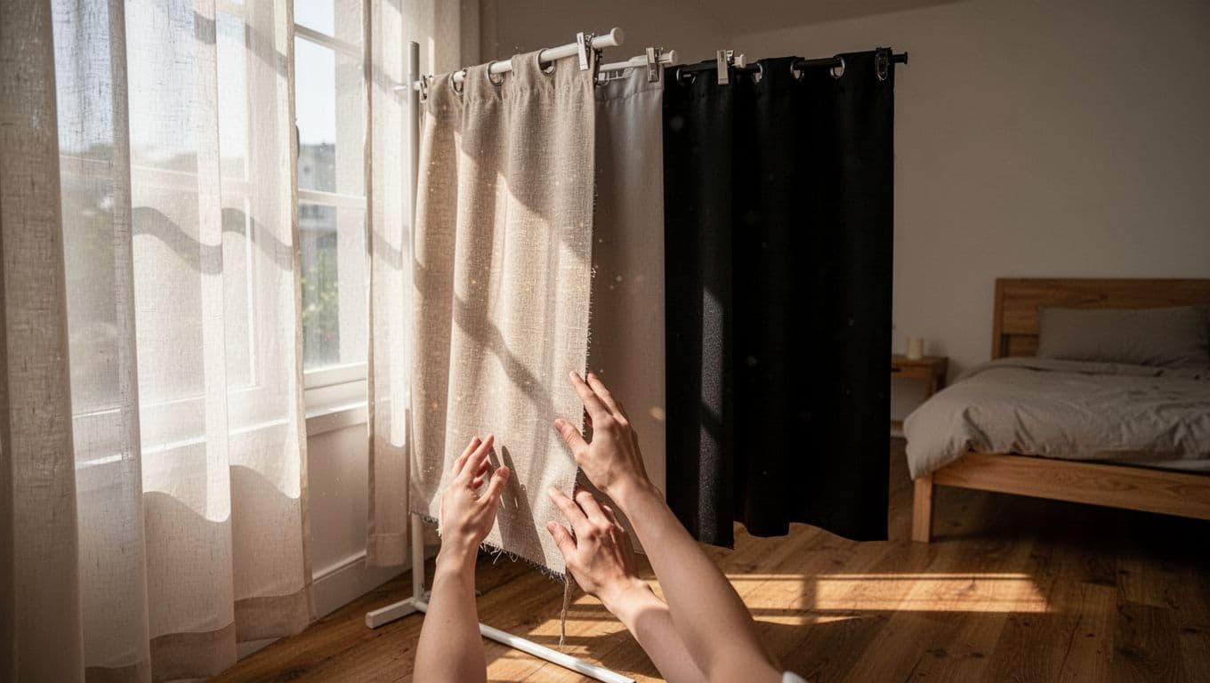 Bedroom window display of three curtain samples showing semi-transparent, high-block, and full blackout effects with hands touching the foreground fabric. Realistic style with high detail, precise light and shadow in a warm, naturally lit room featuring wooden floors and simple bed.