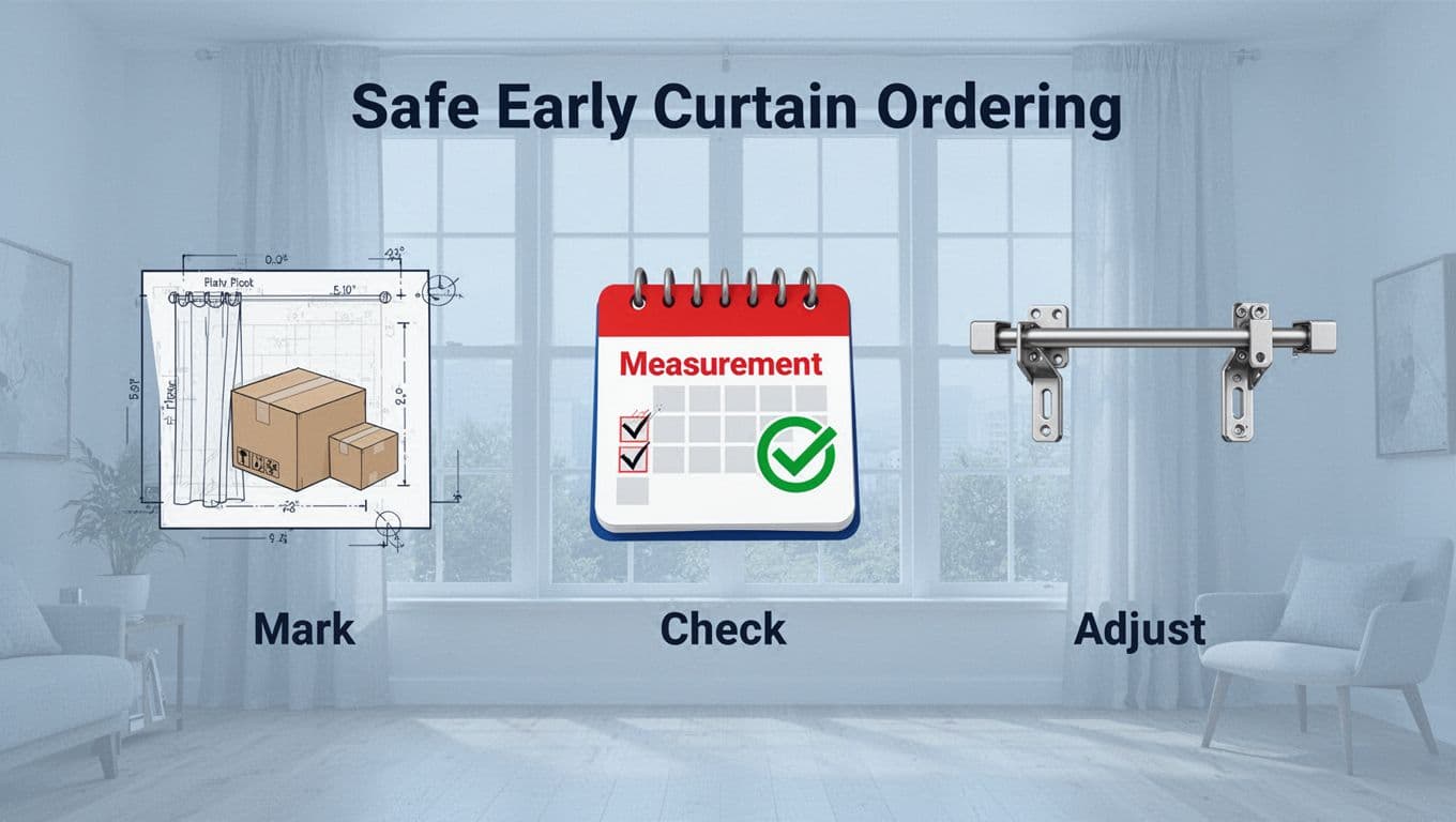 Infographic-style image depicting three essential steps for safe early curtain ordering: marking the curtain box on a blueprint, checking measurements via calendar, and adjusting the curtain track with brackets. Modern flat design with icons arranged horizontally on a light blue background, featuring subtle large windows and room interior in landscape orientation.