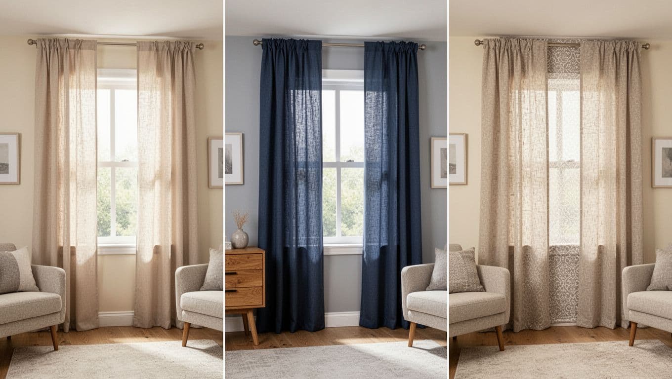 Realistic modern living room interior with three side-by-side window curtain schemes: monochromatic light beige, contrast navy on gray walls, and layered neutral textures on cream walls. High-detail photography style with warm lighting, no people or clutter.