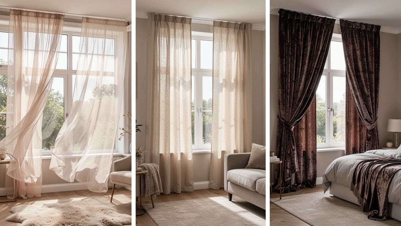 Three side-by-side modern room windows during daytime showcase different curtain styles: billowing sheer curtains in a sunroom, straight cotton curtains in a living room, and luxurious velvet curtains in a bedroom. Cozy neutral interior decor captured in realistic high-detail photography with soft natural lighting.