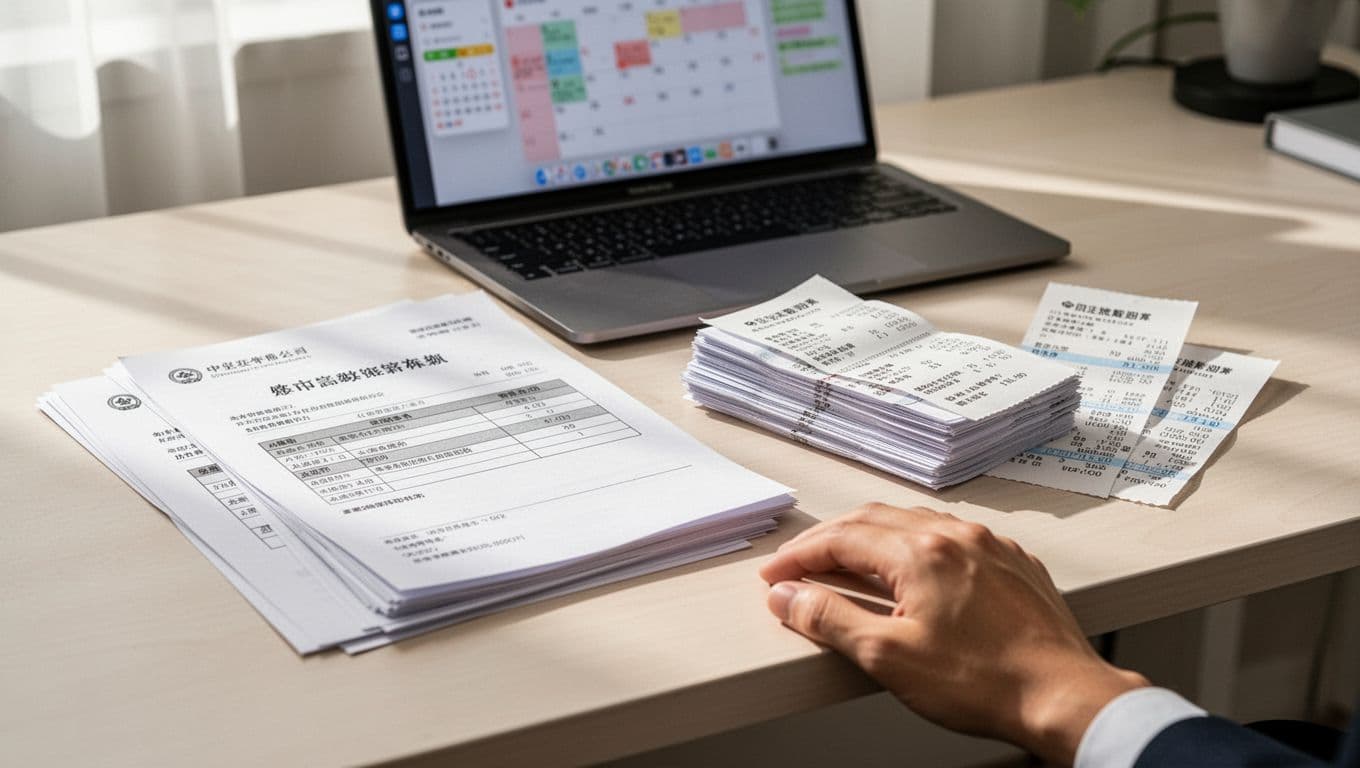 A realistic professional photograph of a tidy home office desk in bright natural daylight, featuring printed labor insurance status query results from official website, neatly organized payment records including bank statements and receipts stacked together, and medical bills or hospital receipts in Traditional Chinese characters placed nearby. Exactly one person's relaxed hand rests naturally on the desk edge without gripping anything, background shows a slightly open laptop with blurred calendar and notes app, no additional people or hands visible, clean professional style with soft shadows, no watermarks, no extra text or readable fine print on documents.