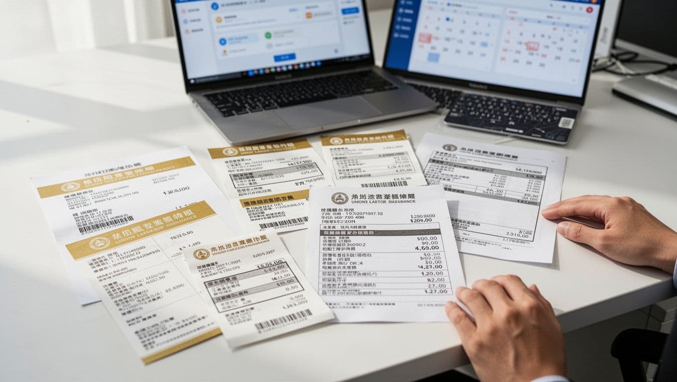 A realistic professional photograph of a tidy office desk in bright natural light, featuring various printed proofs for union labor insurance payments including bank transfers, account statements, store receipts, credit card bills, and union fee breakdowns in Traditional Chinese. A single relaxed hand rests on the desk edge near the papers, with a blurred laptop showing online banking and calendar in the background.