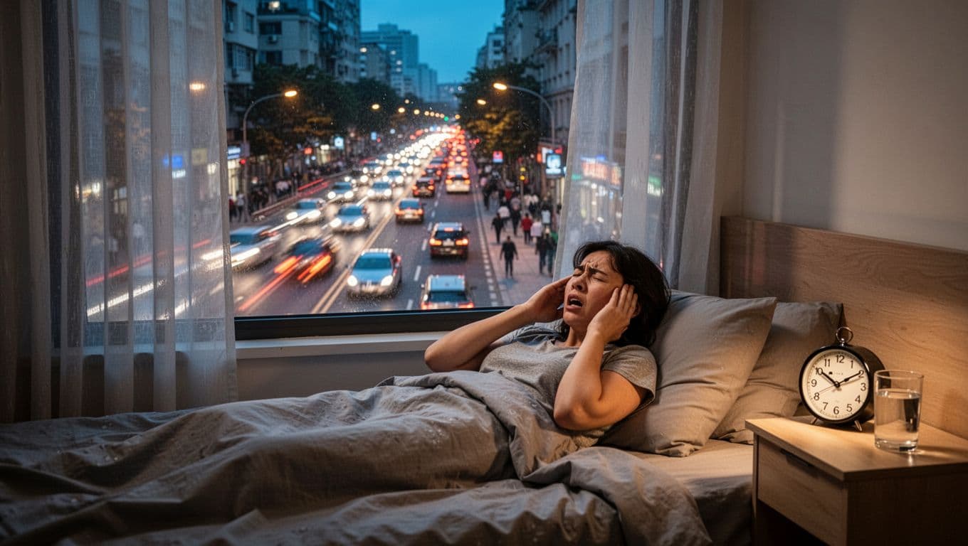 A tired person lies in a second-floor bedroom covering their ears against the noise from a busy urban street scene during evening rush hour, viewed through partially open curtains with blurred motion trails outside contrasting warm indoor light.