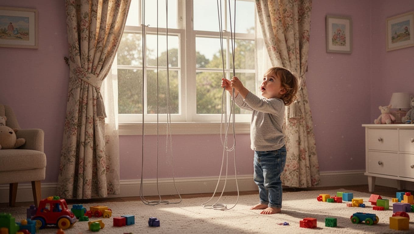 兒童安全窗簾配件會加價嗎?家長必懂真相 A two-year-old child stands on tiptoes playfully reaching toward dangling curtain pull cords in a cozy home interior with soft light and pastel walls, subtly illustrating safety hazards without alarm.