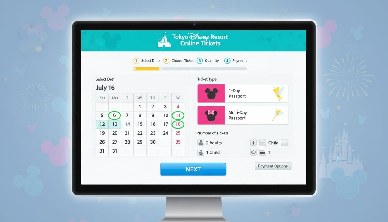 A detailed illustration of the online ticket purchasing interface for Tokyo Disney Resort on a computer screen, showing steps like selecting date, choosing ticket type, number of tickets, and payment options.