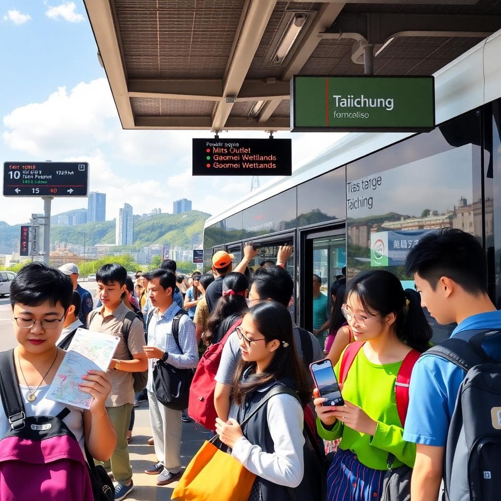 遊客在台中公車站搭乘現代公車，標示路線通往三井Outlet和高美濕地，背景為陽光普照的台中天際線與綠丘。圖片由AI生成。