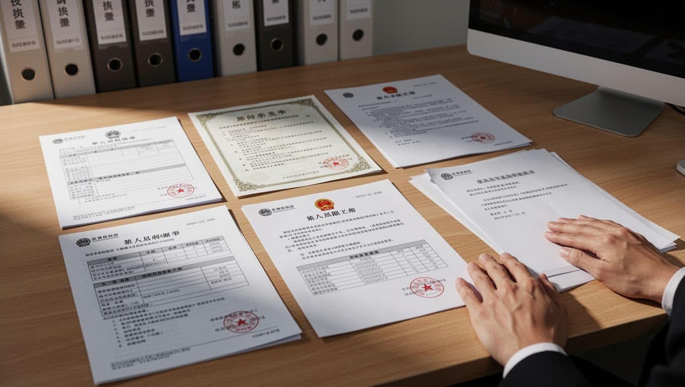 Realistic close-up of neatly arranged official union documents including membership forms, payment notices, and insurance declarations in Traditional Chinese on a clean wooden desk, with two hands resting nearby.