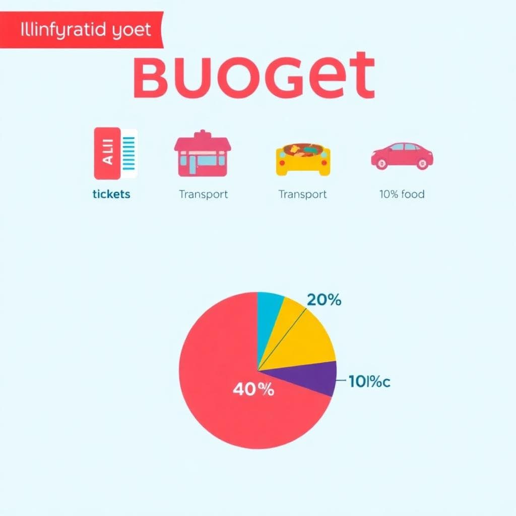 圖片說明:旅遊預算分配資訊圖,色彩鮮明,展示不同類別的花費比例。Image generated by AI