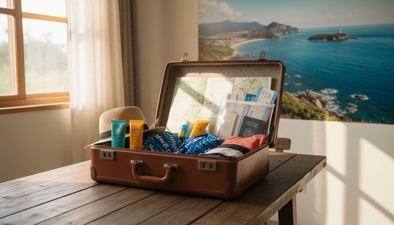 旅人打包行李,包含防曬霜、帽子、泳衣、澎湖地圖和旅行文件,放在明亮的木桌子上,背景有海洋海報和陽光