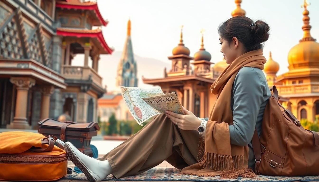 行前禮儀準備與穿著考量的 AI 圖像,背景包含寺廟與教堂元素,著重準備與尊重