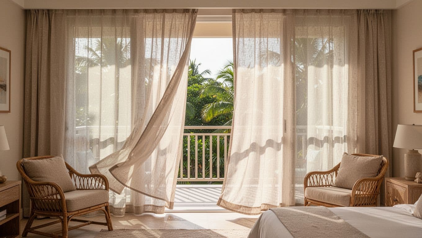 Bright vacation resort room featuring double-layer sheer curtains in light linen-like fabric for soft diffused light and privacy, with an open balcony view of greenery, relaxed rattan furniture, and warm inviting sunlight in photorealistic style.