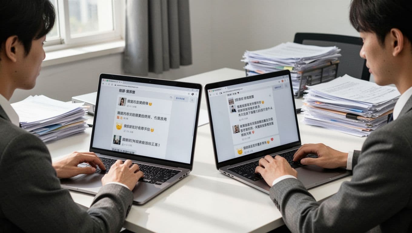 In a bright small office under natural daylight, two relaxed employees type overly positive fake reviews for custom curtains on laptops, with simple desk files in background.