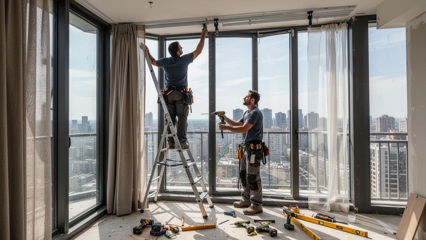 大面窗訂製窗簾怎麼估價?先抓寬高面積數字 Photorealistic scene of two workers installing heavy curtain tracks and drapes on a floor-to-ceiling window in a high-rise apartment balcony, one on a ladder extending tracks into the ceiling while the other hands tools from below, with urban cityscape in the background.