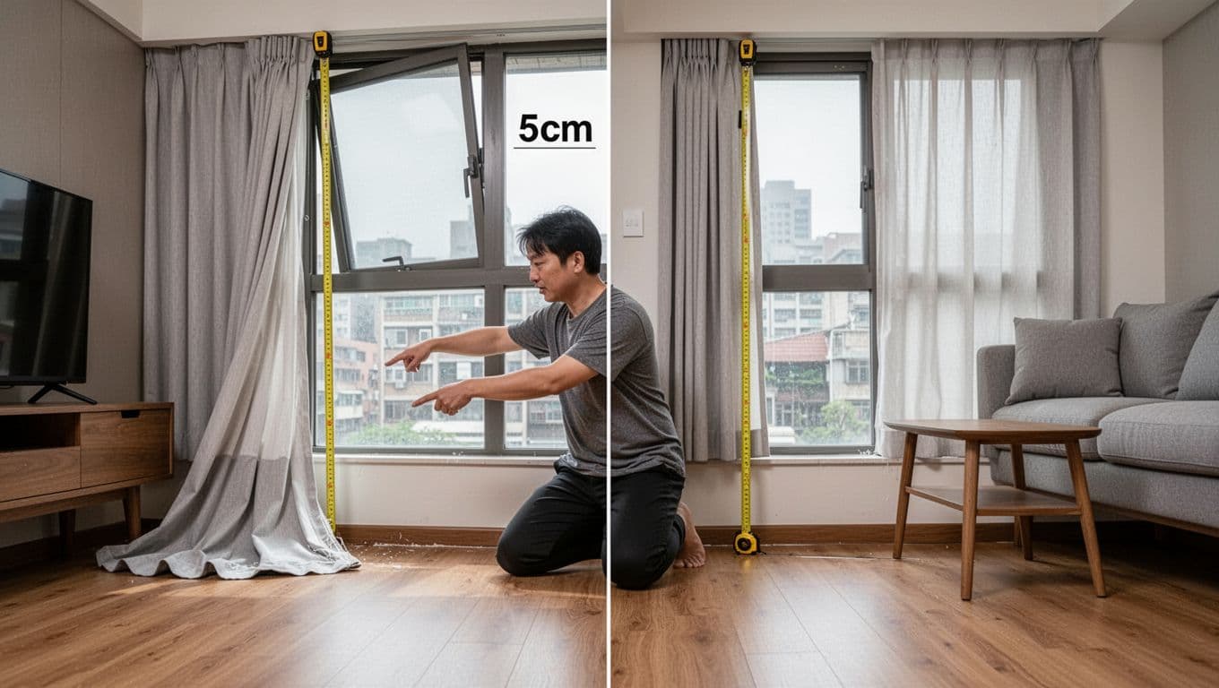 訂製窗簾裝歪怎麼辦?驗收自檢與修法全指南 Photorealistic view of a modern Taiwanese living room with uneven wooden floor causing left curtain hem to drag on the floor while right side floats high; tape measure reveals over 5cm height difference from tilted window frame; one person kneeling and pointing to the issue.