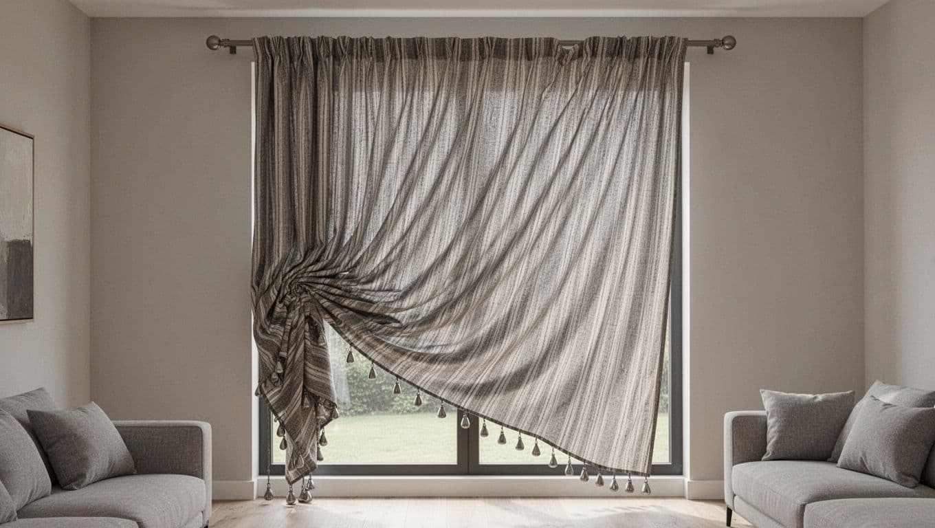 訂製窗簾裝歪怎麼辦?驗收自檢與修法全指南 Photorealistic side-angle view of a single custom curtain panel on a straight rod in a neutral modern living room window, featuring uneven pleats bunching tightly on the left and loose on the right, irregular bottom hem sag from uneven lead weights, and a diagonal straight stripe fabric pattern.