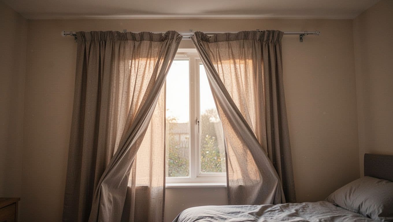 訂製窗簾軌道不好拉怎麼辦?5大常見原因與簡單解法 Slightly bent and uneven curtain track installed not level on a bedroom wall, sagging in the middle due to wide bracket spacing, with one curtain partially drawn sliding back automatically in soft morning light.