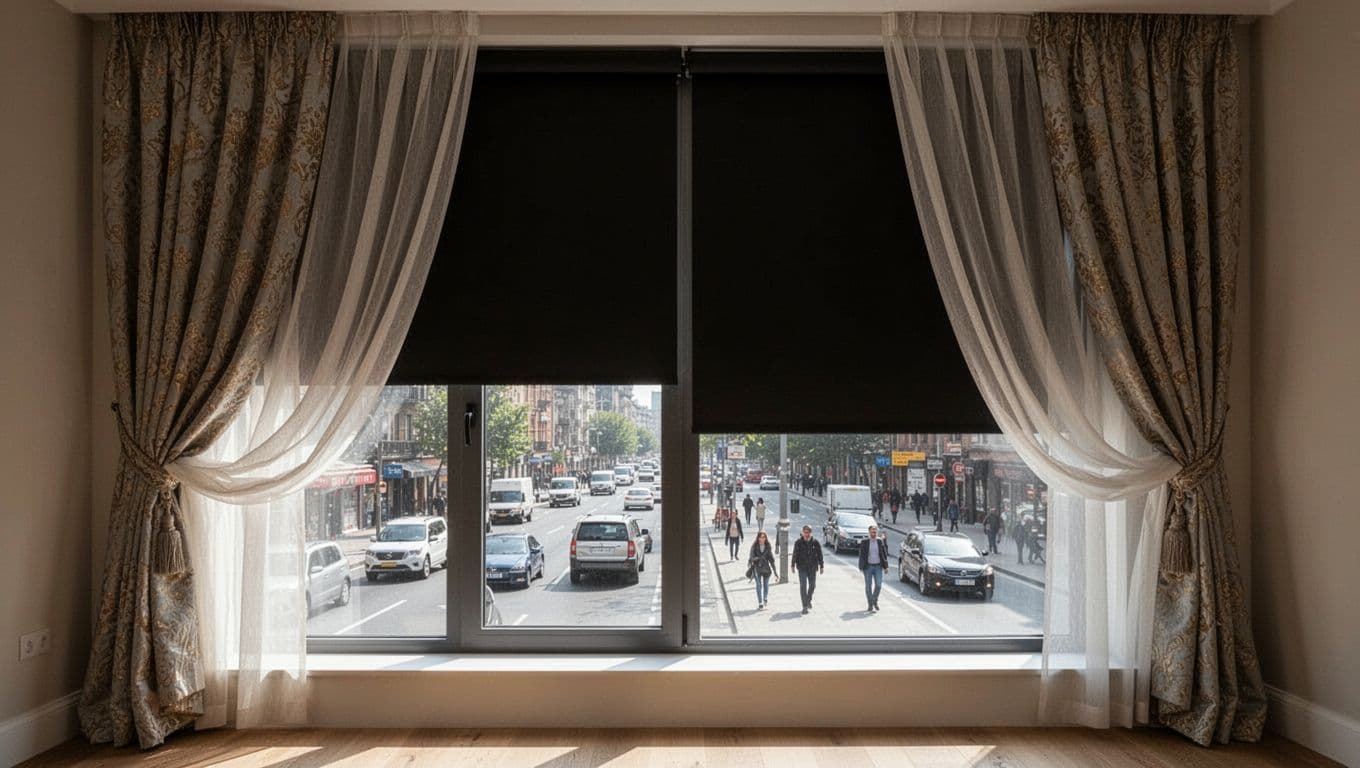 Photorealistic daytime street-level view of a large low-floor apartment living room window with outer decorative fabric curtains half-open and inner roller shade fully lowered for total blackout privacy from busy urban street.
