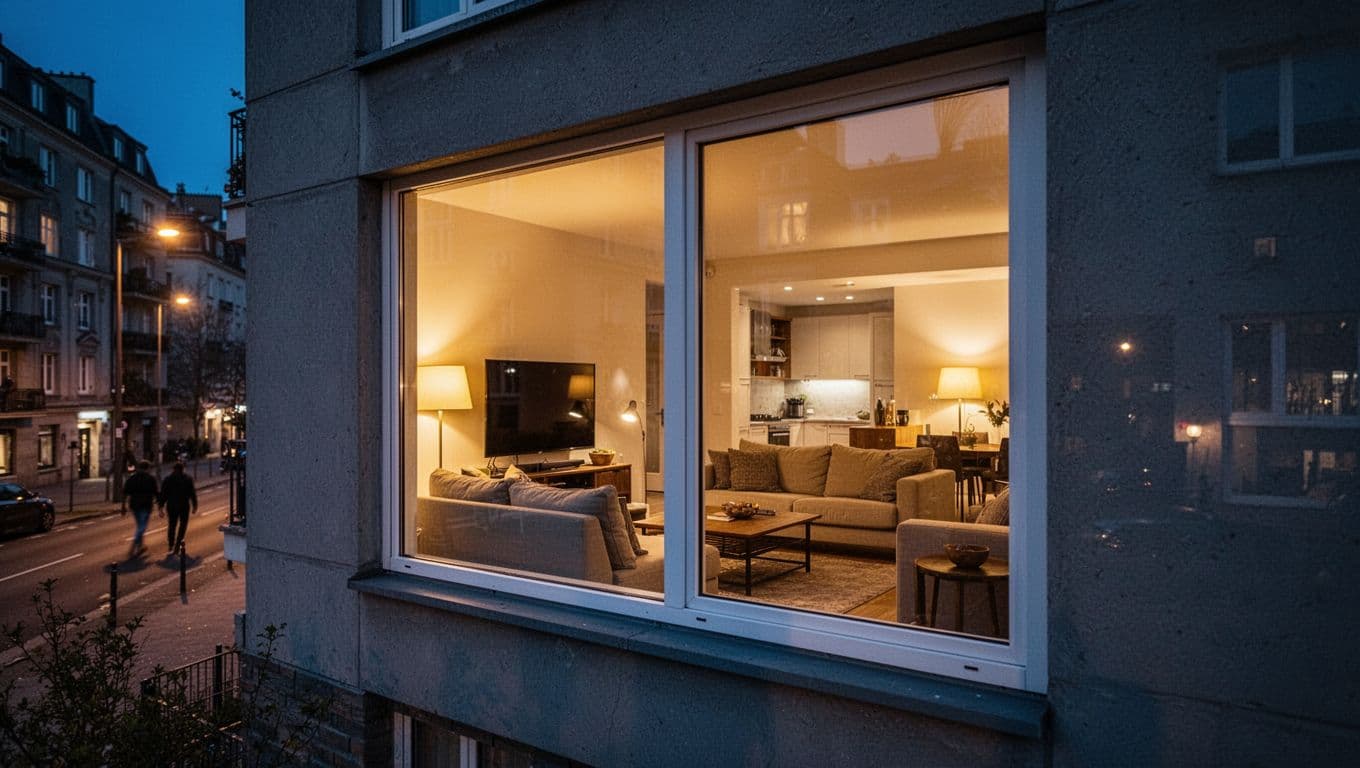 Realistic evening scene outside a low-floor urban apartment window at night, with a fully lit warm yellow living room interior featuring sofa, TV, coffee table, and open floor plan visible due to no curtains, contrasting cool blue urban night exterior with dim streetlights.