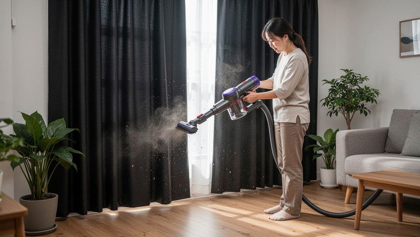 低預算訂製窗簾:遮光等級怎麼選睡得香 A person carefully vacuuming blackout curtains on a window in a bright modern Taiwanese living room using a handheld vacuum with soft brush attachment. Relaxed pose, visible dust particles, clean wooden floors, potted plants, neutral tones, and cozy atmosphere with detailed curtain textures.