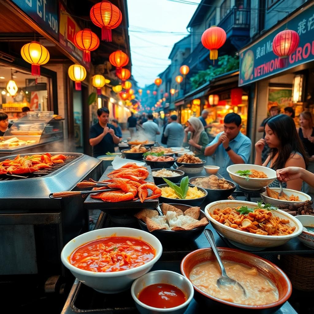 AI 生成:峴港海鮮與麵食的多重美味場景