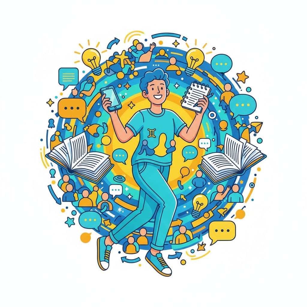 充滿活力的雙子座星座插圖,展示多任務處理的年輕人