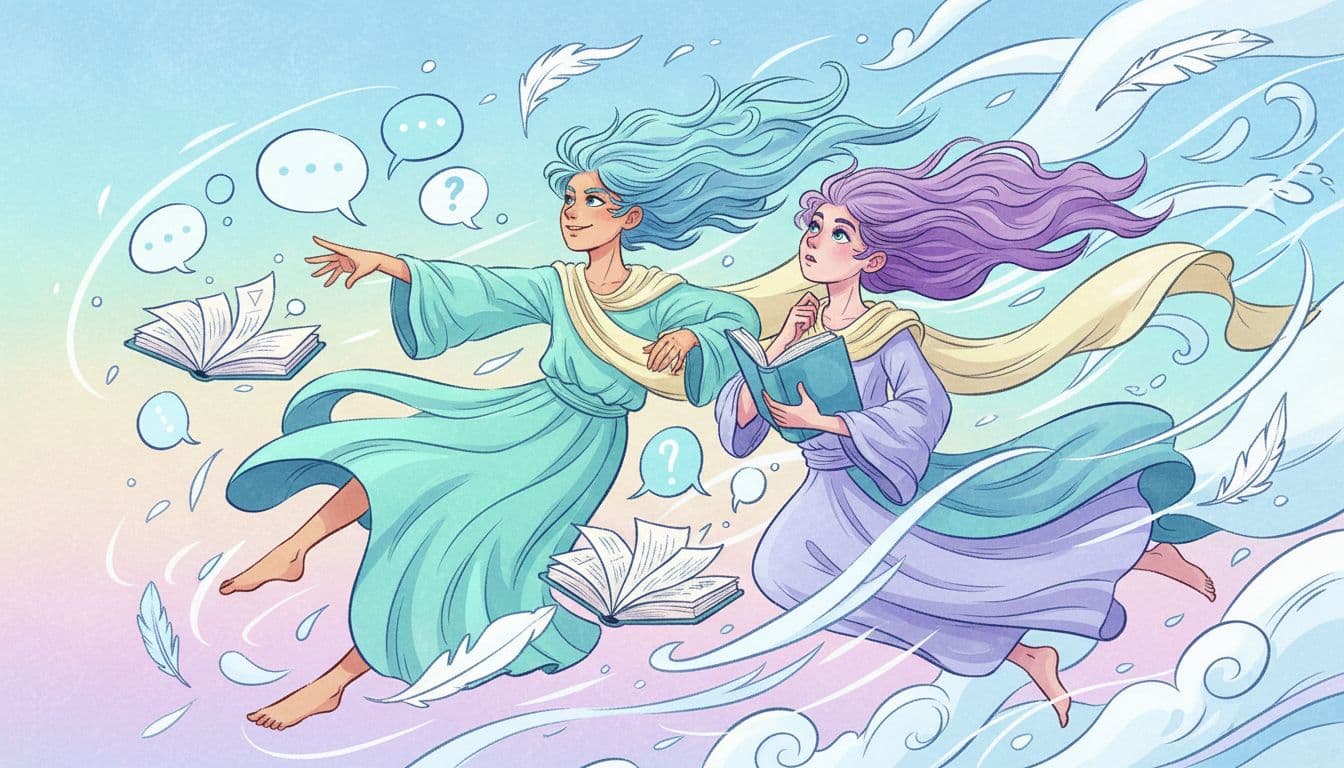 A vibrant illustration of the Gemini zodiac sign, showing twin figures in a breezy, dynamic pose, one reaching out curiously while the other looks thoughtful, surrounded by swirling winds and elements of air like floating books and speech bubbles, in a colorful, energetic style with soft pastel backgrounds, evoking playfulness and versatility.