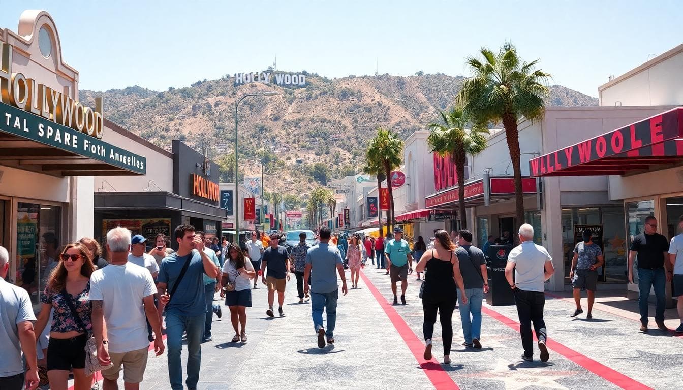 View of Hollywood Walk of Fame and nearby theaters, with clear daylight and the Hollywood Hills in the background. Image generated by AI.