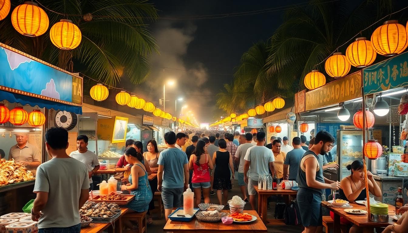 A vibrant night market scene in Kenting, Taiwan, with bustling stalls selling fresh seafood like grilled squid and oysters, colorful ice desserts, and local snacks under bright lanterns and string lights