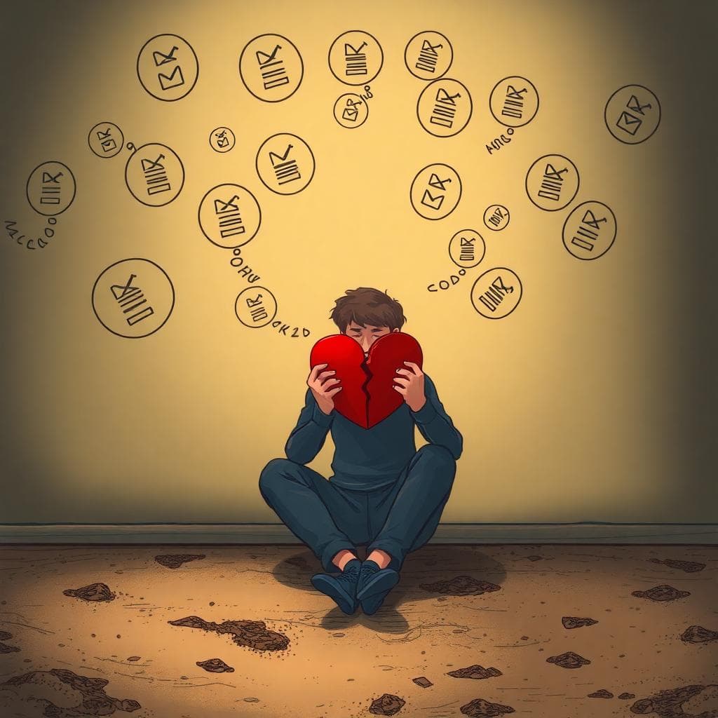 一位處女座人士獨坐在昏暗房間中,周圍環繞著漩渦般的思緒和清單,象徵分手後的自疑與分析。前景顯示擔憂表情,手持破碎的心形完美主義符號。背景融入土壤等土象元素,風格為寫實數位藝術,柔和光線營造沉思氛圍。Image generated by AI