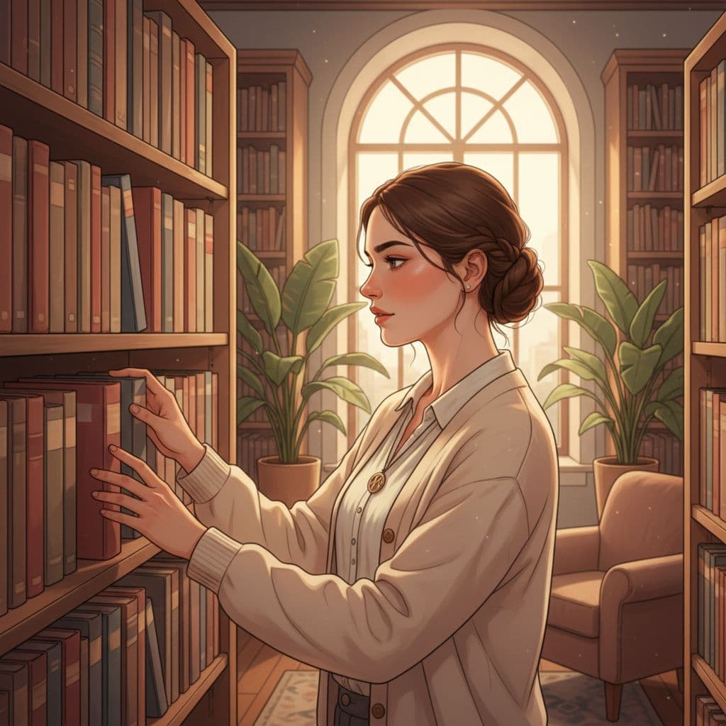 一位年輕女性在圖書館中專注整理書籍,周圍書架整齊,背景有綠色植物,溫暖燈光營造追求完美的氛圍