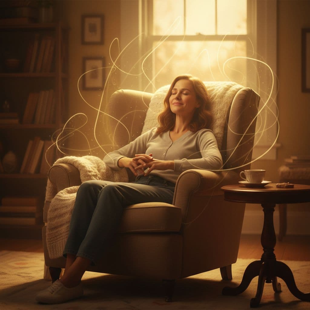 A person sits peacefully in a cozy chair, bathed in a soft, golden light.