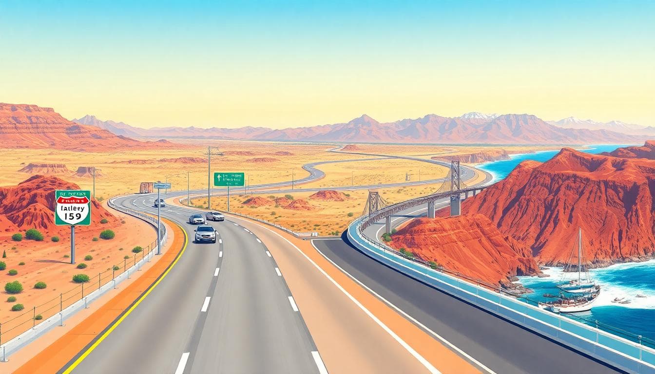 AI 生成的路線示意圖,展示從洛杉磯經 I-15 再到 1 號公路的自駕路線,含火焰谷與胡佛大壩等停靠點